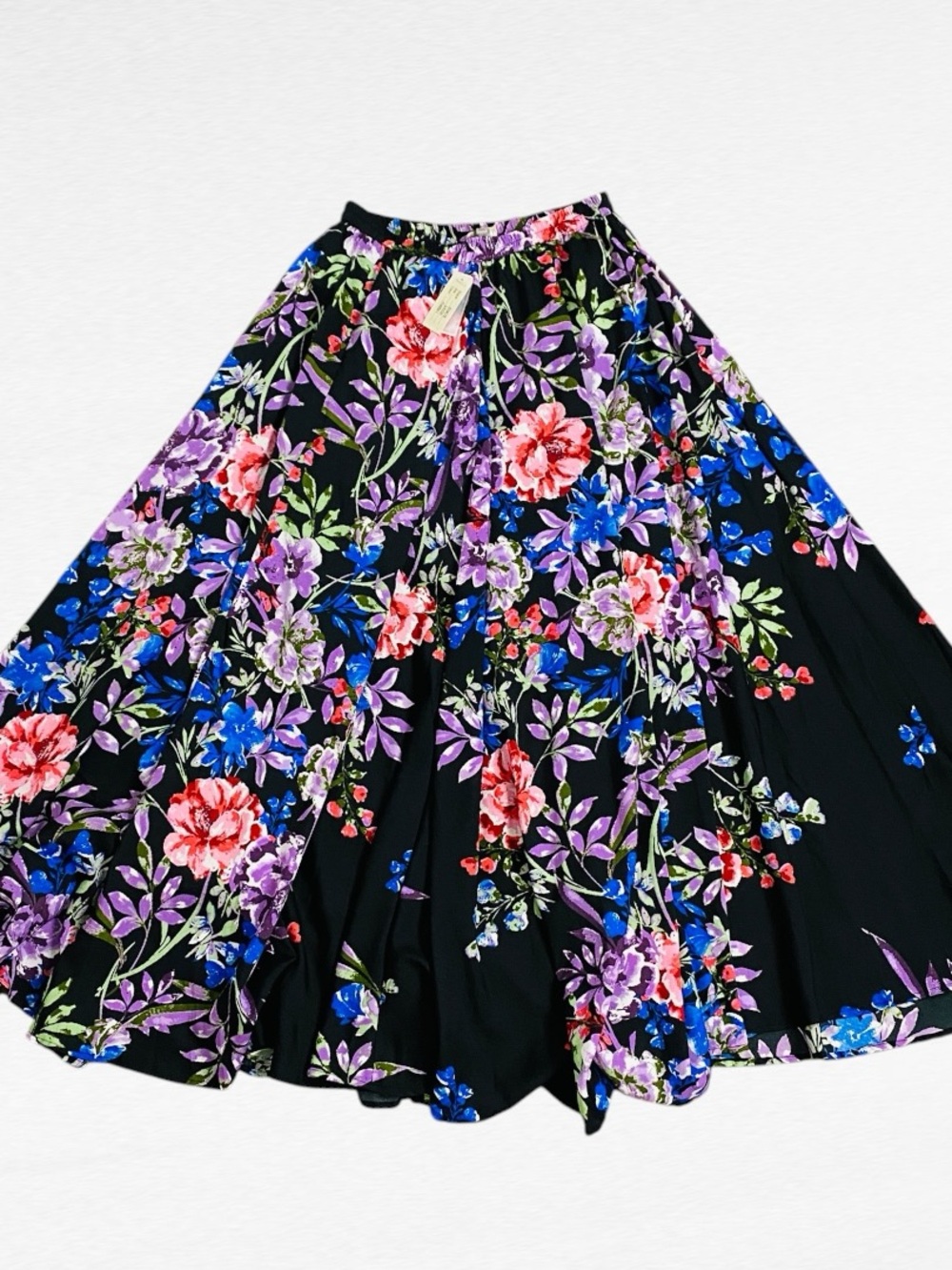 Cupio Black Pink Purple Blue Boho Flowy Elastic Waist Floral Maxi Skirt NWT